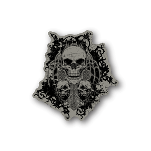 Skull vinyl sticker with ornate graphic, black and light gray