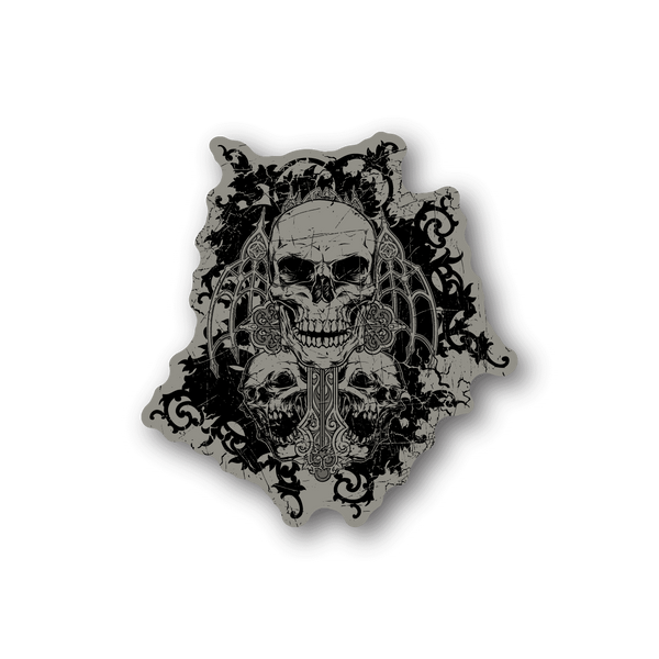 Skull vinyl sticker with ornate graphic, black and light gray