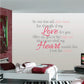 Love wall decal with red and gray script text and heart wording