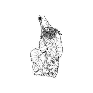 Nomadic wizard decal: line-art kneeling wizard holding staff and pouch