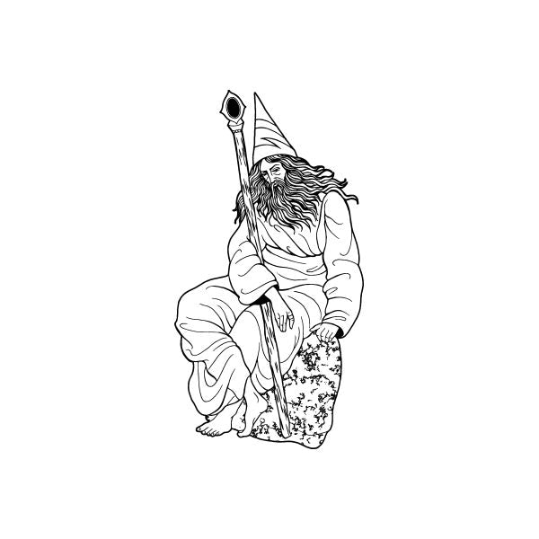 Nomadic wizard decal: line-art kneeling wizard holding staff and pouch