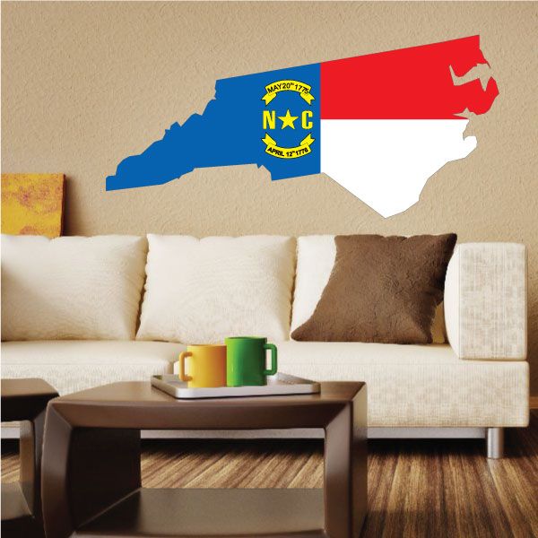 North Carolina state flag shape sticker with blue, red, and white map outline