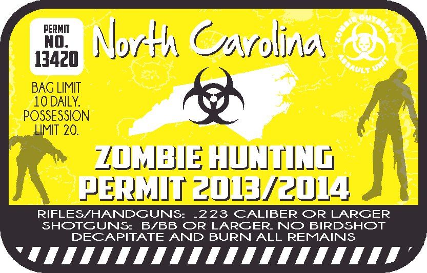 Zombie hunting permit sticker with North Carolina text, biohazard symbol, silhouettes