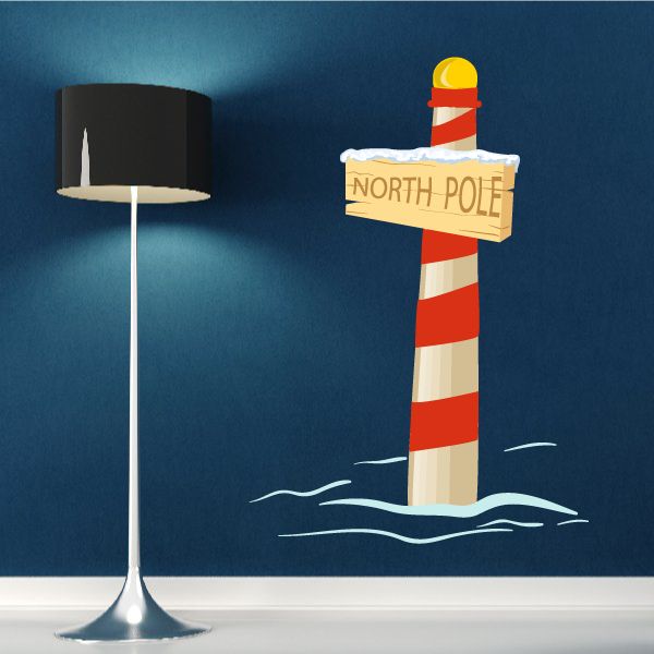 North Pole sign decal: striped lighthouse pole with NORTH POLE sign and waves