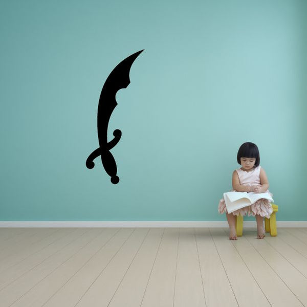 Black notched scimitar wall decal with curved blade and heart guard