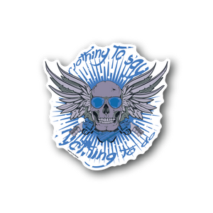 Skull vinyl sticker with blue sunglasses, wings, and circular blue text, die-cut border