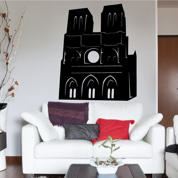 Notre Dame Cathedral decal with black cathedral silhouette on wall