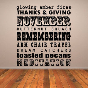 November word collage wall decal with glowing amber-style text THANKS & GIVING