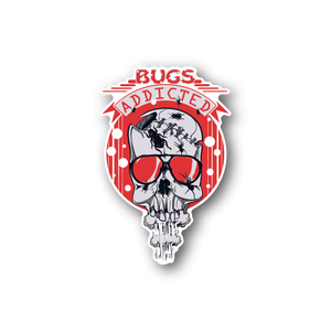 Vinyl sticker of a white skull wearing red sunglasses, red and white banner text