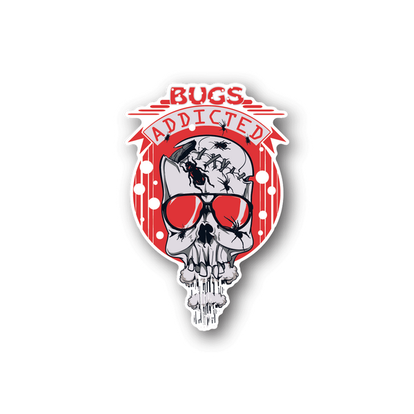 Vinyl sticker of a white skull wearing red sunglasses, red and white banner text