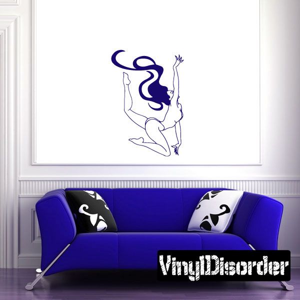 Nude dancer line art wall decal, blue and white flowing hair silhouette