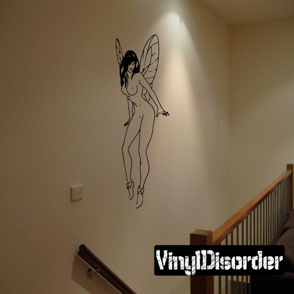Nude fairy wall decal with line-art silhouette and wings, black outline