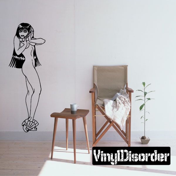Nude island woman decal silhouette graphic of standing figure with long hair and arm out