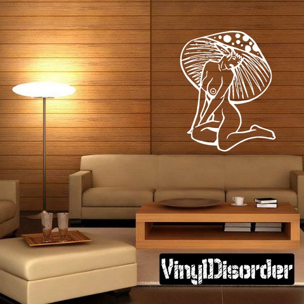 Nude mushroom woman wall decal with white outline figure and mushroom cap