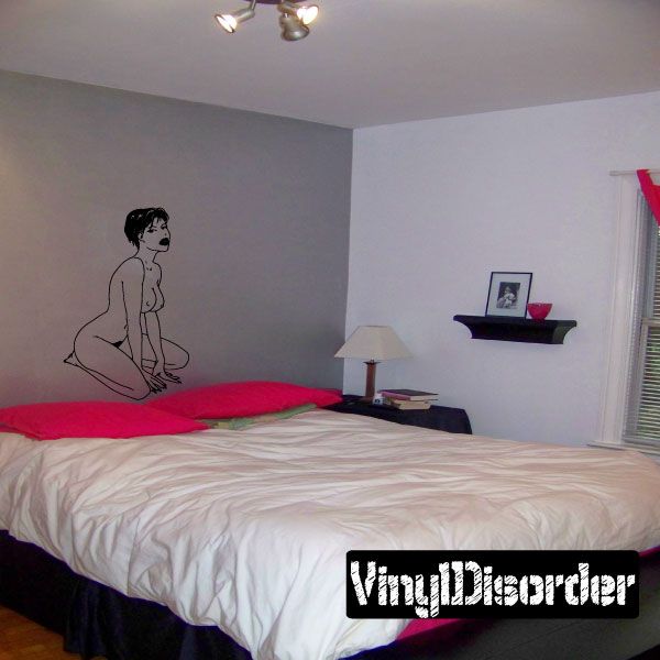 Black line-art seated nude woman wall decal with short hair profile
