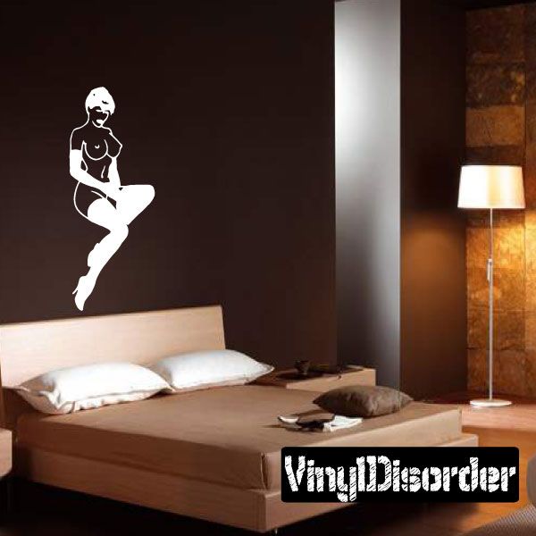 Nude sitting woman wall decal in thigh-highs and gloves, white silhouette