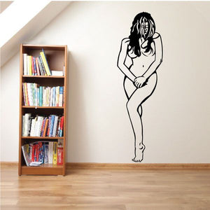 Nude woman covering wall decal, black line art silhouette with hands over body