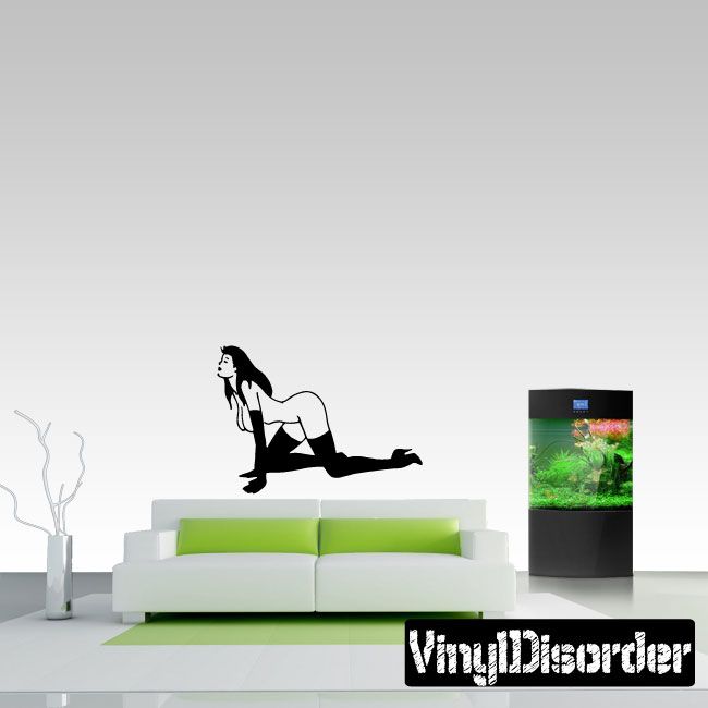 Crawling nude woman wall decal with high-heeled boots and long gloves silhouette