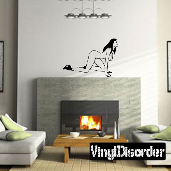 Nude woman crawling wall decal in high-heeled boots, black outline silhouette