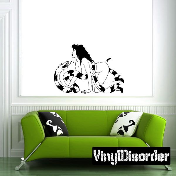 Wall decal featuring a nude crawling woman and snake motif in black and white