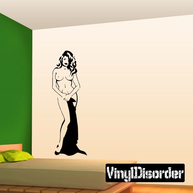 Standing woman silhouette wall decal holding draped cloth, black line art