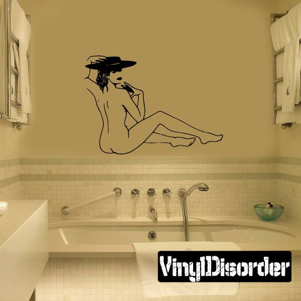 Black line art nude woman wall decal with fancy hat and reclining pose