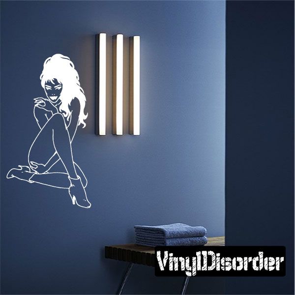 Nude woman sitting in heels decal, white line art wall sticker