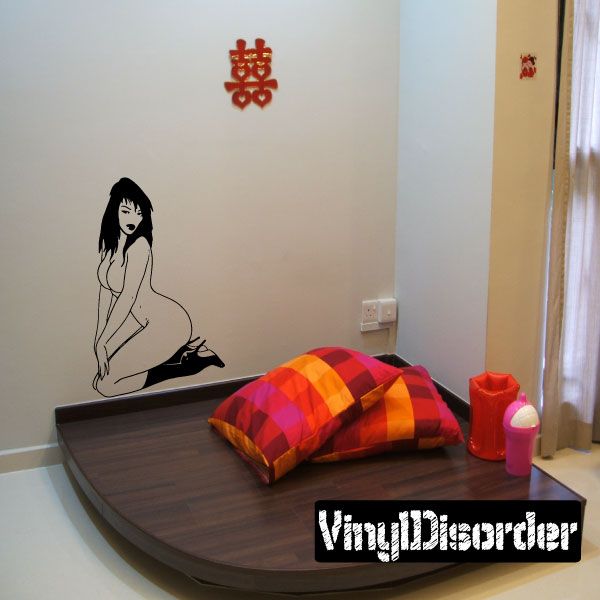 Nude woman wall decal in high heels, black outline figure