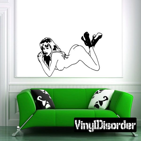 Nude woman wall decal with black heels and crossed feet pose
