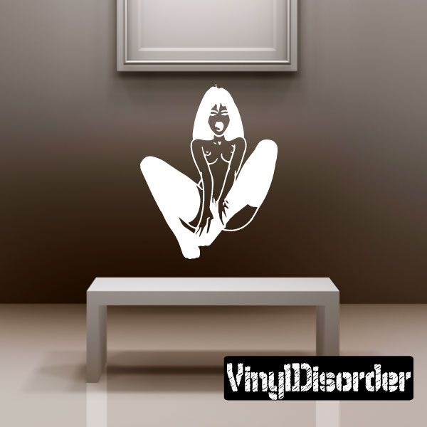 Sitting woman in nylons decal, white silhouette with long legs and high heels