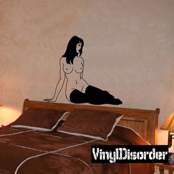Seated nude woman in sheer stockings wall decal, black outline with beige fill