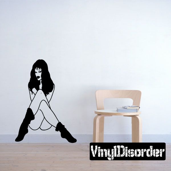 Nude woman in socks decal, black silhouette kneeling with long hair and two socks