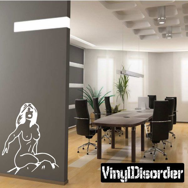 Nude woman kneeling wall decal silhouette in white outline