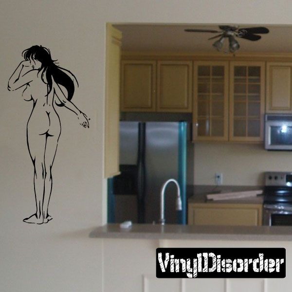Nude woman looking back vinyl wall decal in black outline