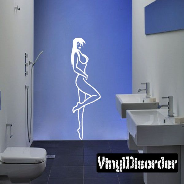 White line-art wall decal of nude woman on tiptoes
