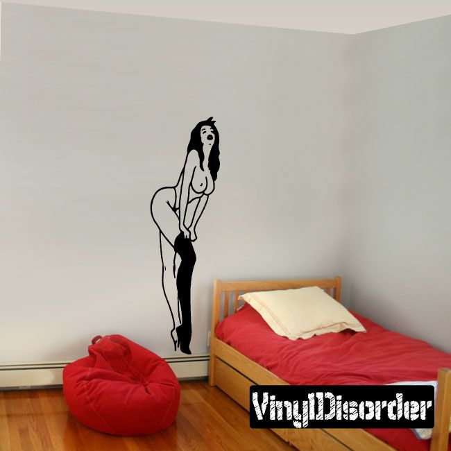 Nude woman putting on nylons wall decal with black outline
