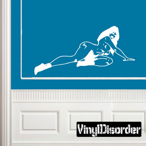 Reclining nude woman in socks wall decal, white graphic with black brand text