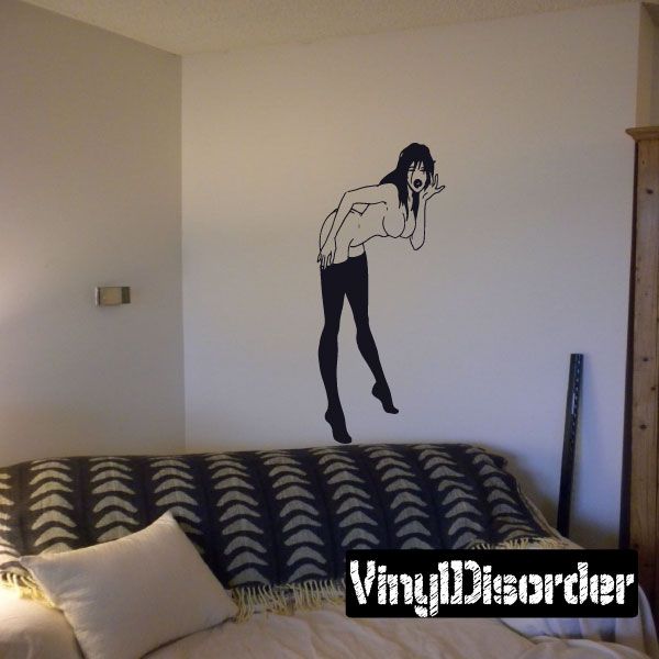 Woman removing stockings wall decal, outlined figure with long dark hair and nude tones
