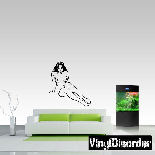 Nude woman sitting decal wall sticker in black outline, sitting pose