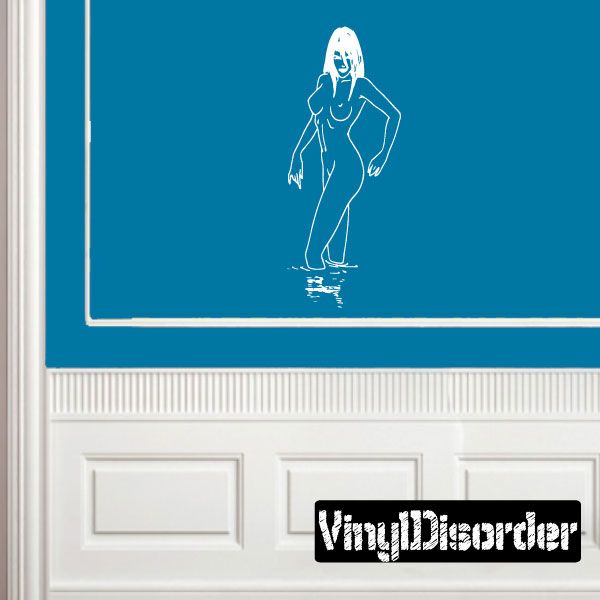White outline decal of nude woman wading through water with reflection