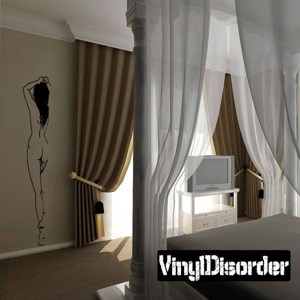 Walking nude woman wall decal in black silhouette outline