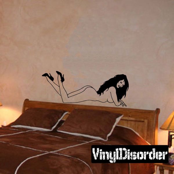 Nude woman wall decal, messy hair, lying pose with high heels, black outline