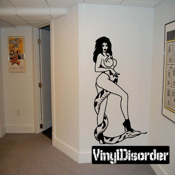 Nude woman snake wall decal in black line art, seated with snake coiled