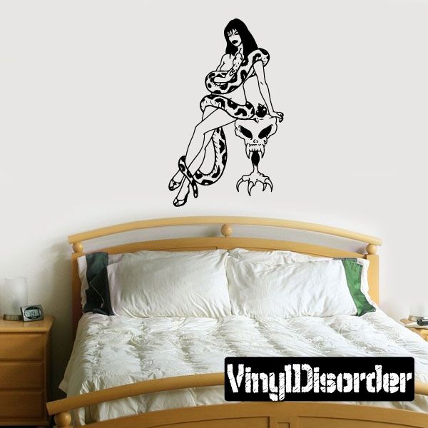 Nude woman with snake and skull wall decal in black-and-white line art