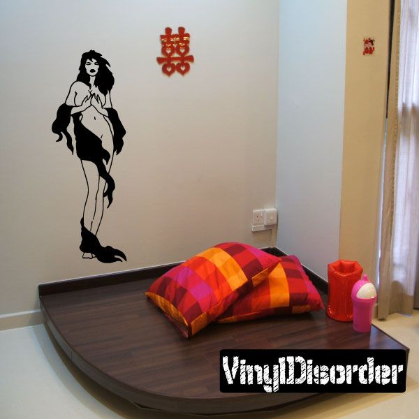 Woman wall decal silhouette with tattered cloth, black outline and red character