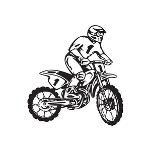 Dirt bike decal with rider on black-and-white motorcycle marked with number 1