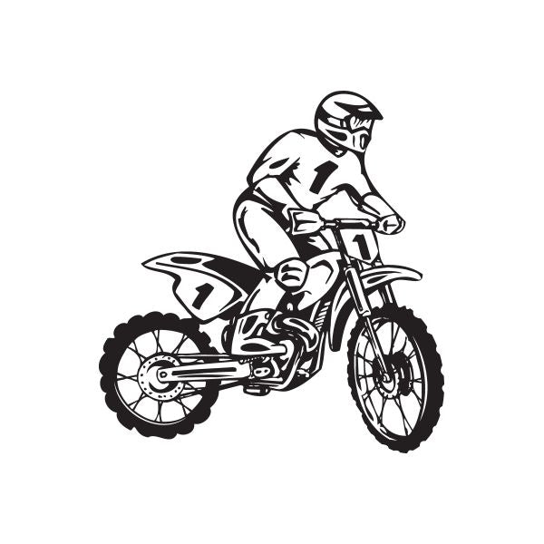 Dirt bike decal with rider on black-and-white motorcycle marked with number 1