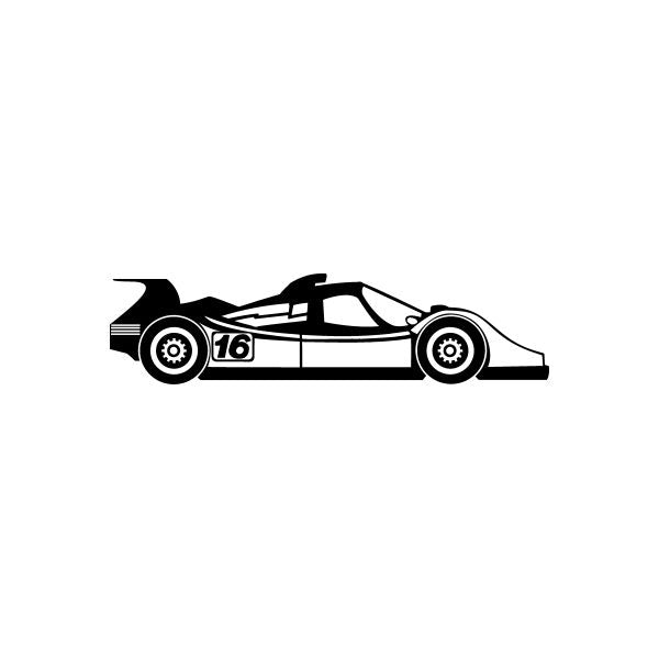 Race car decal, black and white race car with number 16 on the door