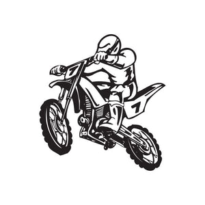 Number 7 dirt bike decal with rider on a motocross bike, black and white