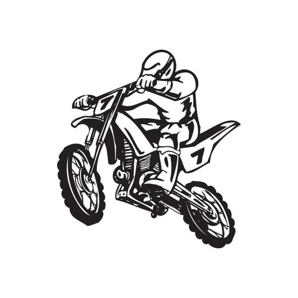 Number 7 dirt bike decal with rider on a motocross bike, black and white
